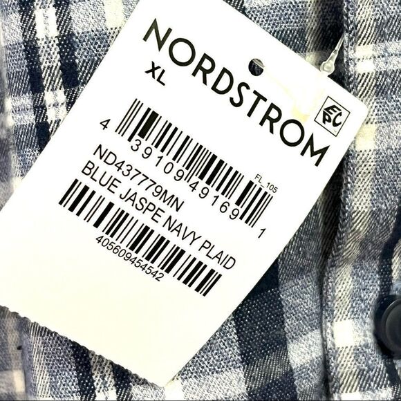 NWT Men’s Nordstrom 1901 Blue Jaspy Navy Plaid Flannel Size XL - Picture 6 of 7